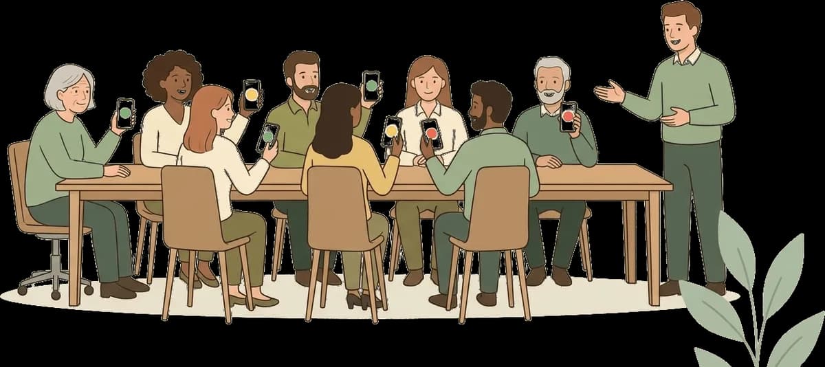 En grupp kollegor röstar med mobilerna medan en utbildare leder passet